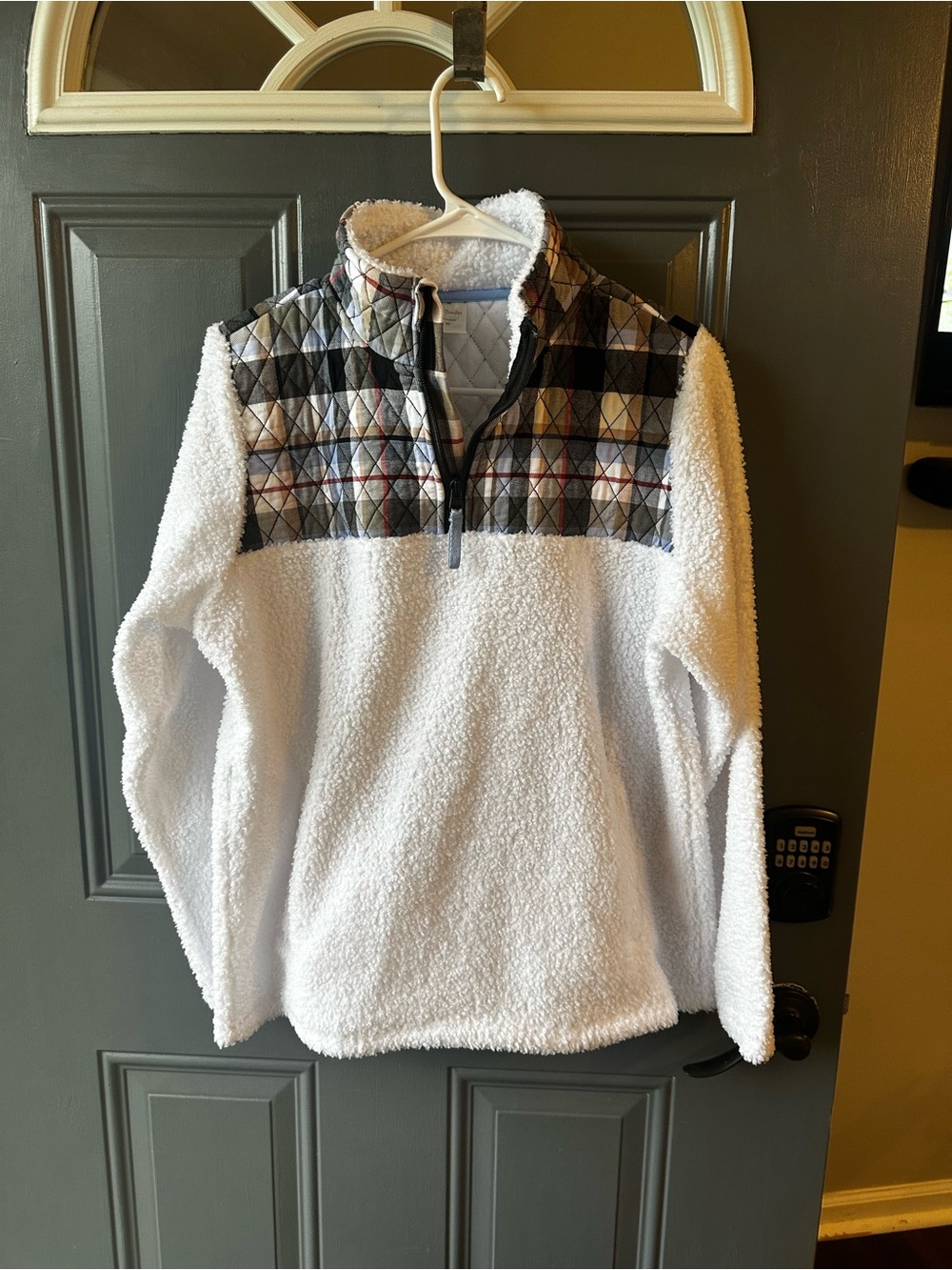 White Sherpa Pullover with Plaid Yoke